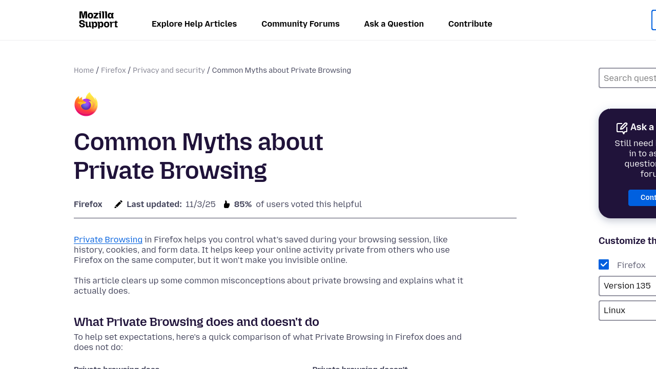 Mozilla Support article screenshot explaining that private browsing does not make you invisible online