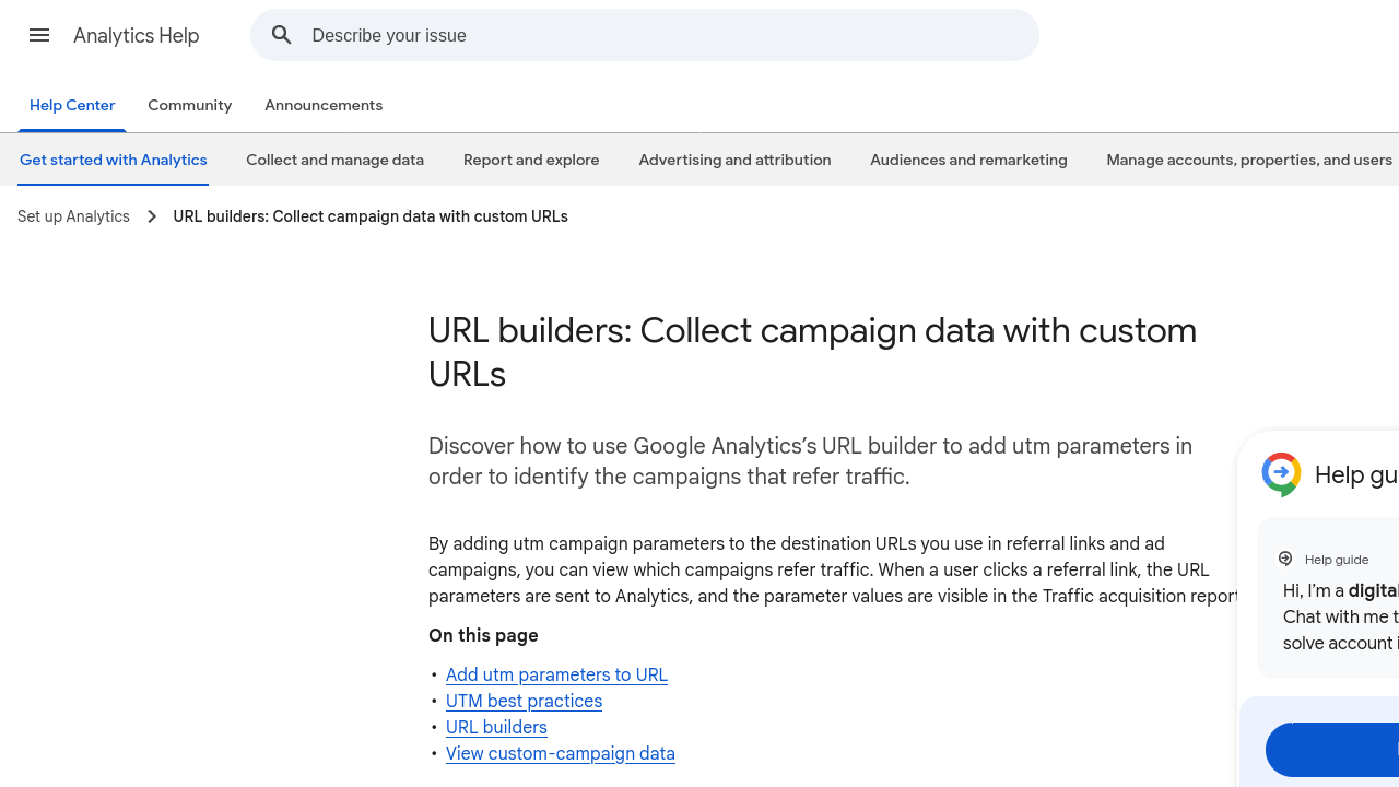 Google Analytics Help screenshot showing UTM parameters and a sample campaign URL